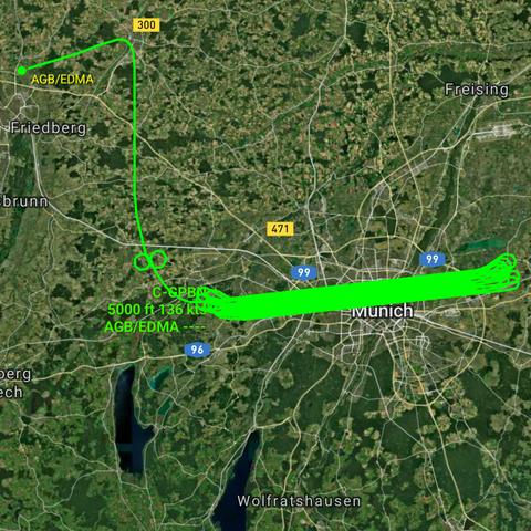 Flight track starting from Augsburg with dense back-and-forth raster above Munich.