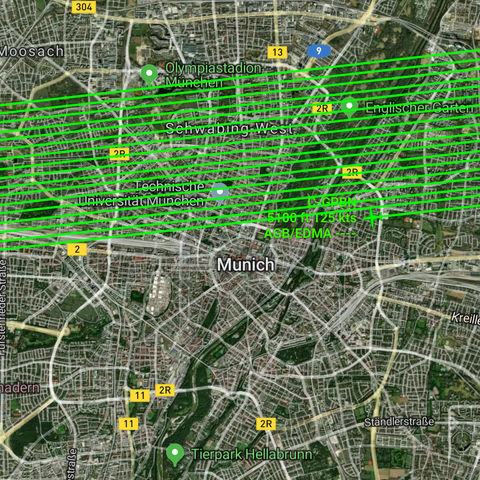 Close-up of flight pattern above Munich.