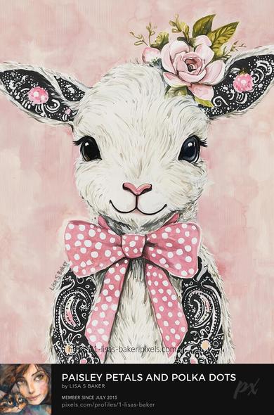 An art print of a cute lamb with paisley ears and legs wearing a polka dot bow and pink flowers on its head. Art by Lisa S Baker.