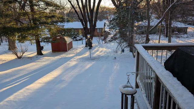 A view from a window overlooking a snow covered backyard with the recently risen sun back lighting and filtering through the trees. There is a deck railing, with a snow covered wind chime and a black covered grill on the far right, a bird feeding station in the middle, several large fir and maple trees, a red garden shed, a couple brown sided ranch style houses with snow covered roofs.
