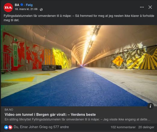Facebook-post from BA (Bergens Avisen – The Bergen Newspaper) about their article "Video about tunnel in Bergen goes viral: – The best in the world". The post has 580 likes and 102 comments.