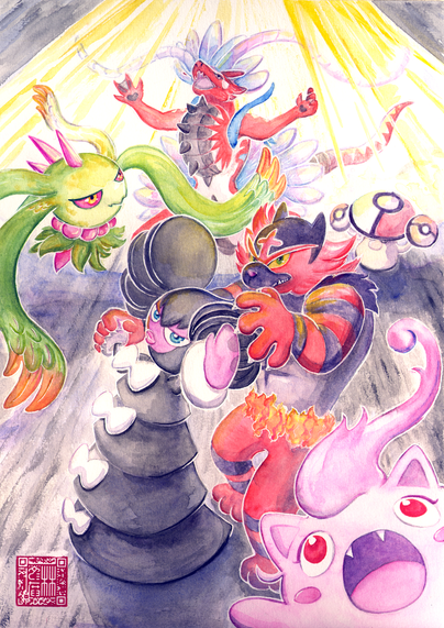 Watercolour painting of a Pokémon team. in the background, Koraidon roars, bringing in a spotlight of sunlight. Flutter Mane and Amoonguss provide support and Scream Tail pops out in the foreground, yelling a deadly cry.

In the middle of the painting, Incineroar and Gothitelle are posed as though dancing a tango, Incineroar holding one of Gothitelle while the free hands of both of the Pokémon reach towards the viewer.