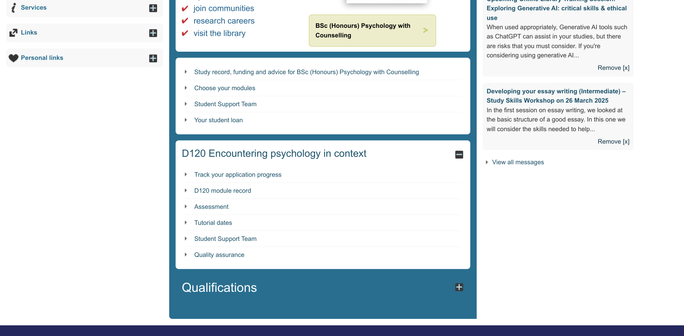 Image of my StudentHome page, with the Open University, showing my new psychology module.