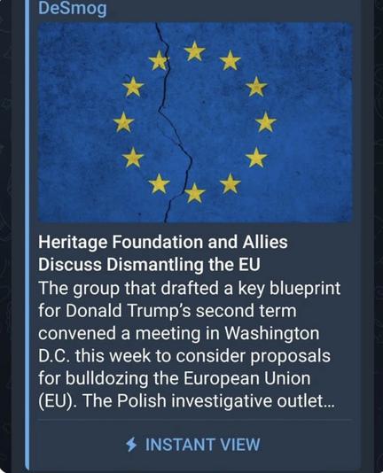Picture of EU Flag with a crack through it. “Heritage Foundation and Allies Discuss Dismantling the EU The group that drafted a key blueprint for Donald Trump's second term convened a meeting in Washington D.C. this week to consider proposals for bulldozing the European Union (EU). The Polish investigative outlet..”