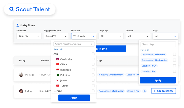 Scout talent with AI tags for occupation, industry, follower count, and engagement with Blinkfire