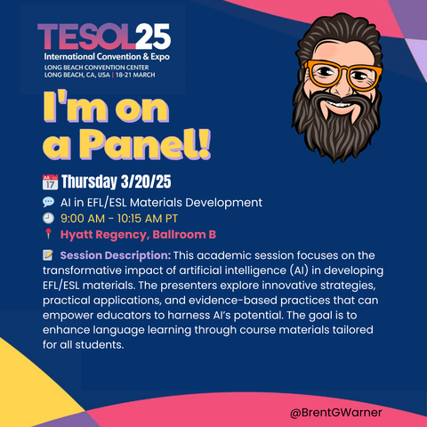 Panel Presentation
🕘 9:00 AM - 10:15 AM PT
📍 Hyatt Regency, Ballroom B
 🖋️ 𝗦𝗲𝘀𝘀𝗶𝗼𝗻 𝗧𝗶𝘁𝗹𝗲: AI in EFL/ESL Materials Development
📝 𝗦𝗲𝘀𝘀𝗶𝗼𝗻 𝗗𝗲𝘀𝗰𝗿𝗶𝗽𝘁𝗶𝗼𝗻:  This academic session focuses on the transformative impact of artificial intelligence (AI) in developing EFL/ESL materials. The presenters explore innovative strategies, practical applications, and evidence-based practices that can empower educators to harness AI’s potential. The goal is to enhance language learning through course materials tailored for all students.