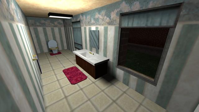 In this picture you can see the bathroom, which was mentioned in the previous picture. You can look out of the open window. To the left of the window is a sink cabinet. A mirror hangs above it. There is a red carpet in front of the sink cabinet. Opposite the sink is a towel rail attached to the wall. There is a toilet at the very back. There is also a red carpet in front of it. This is on the map cs_estate in the game Counter-Strike 1.6.
