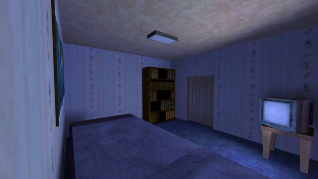 In this picture you can see a bedroom. The view is from the bed. A poster hangs on the wall on the left. Opposite is a bookcase. To the right of it is a door. A little further to the right of the door stands a reserved TV on a small table. This is on the map cs_estate in the game Counter-Strike 1.6.