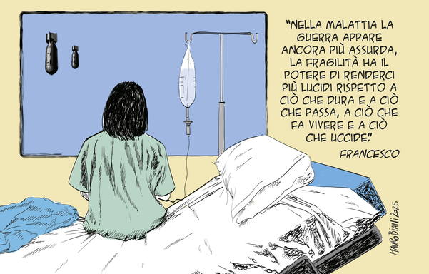 una malata che guarda dalla finestra. due bombe scendono giù.