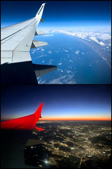 The image contains two separate photos taken from airplane windows. The top photo shows the wing of a plane flying over a coastline with a view of the ocean and some clouds. The bottom photo shows the wing of another plane flying over a city with lights visible at dawn, and a colorful horizon.