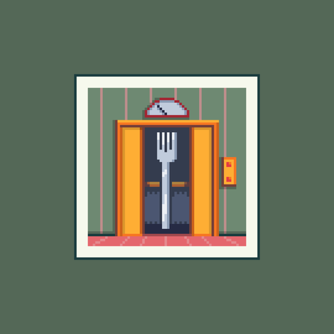 64x64 pixel art of a fork standing inside an elevator