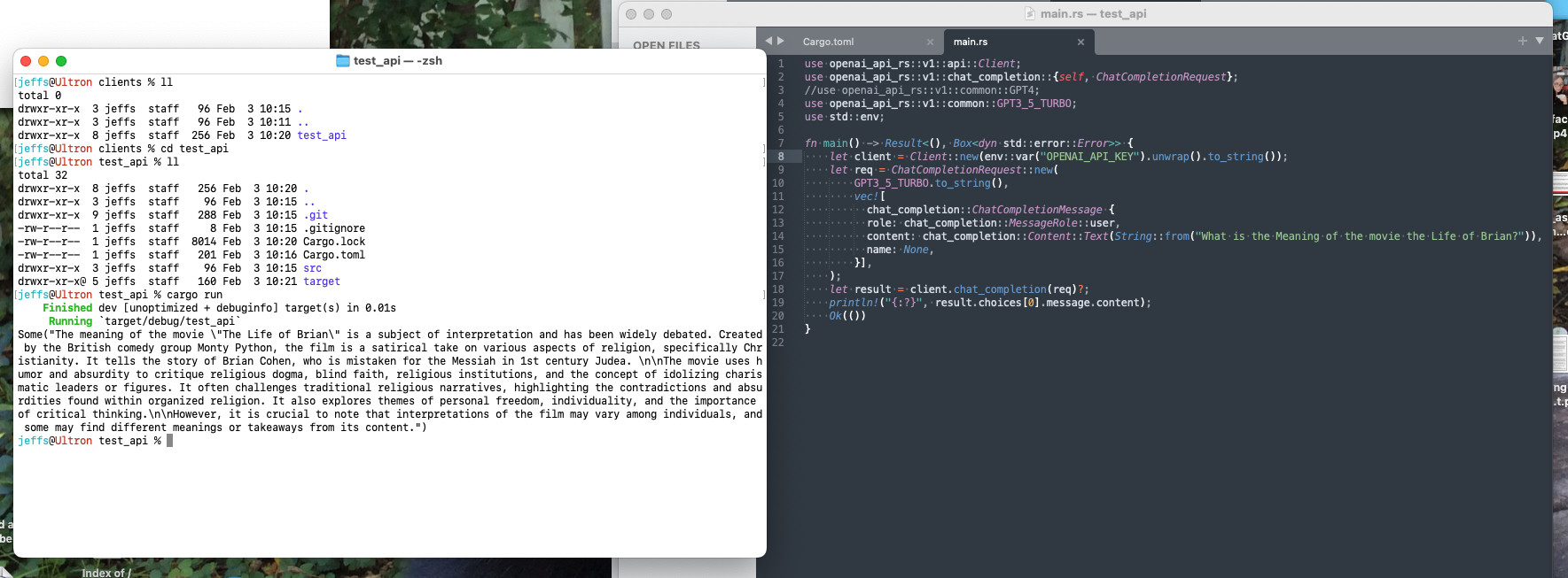 twenty lines of Rust code which tested out the chat completions API at OpenAI in Feb 2024