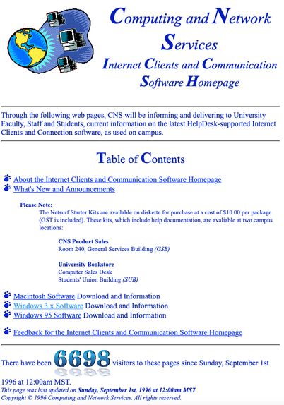 The university of alberta's Computing and Network Services department home page, showing their Internet Clients and Communication Software page.

It advertises the NetSurf internet communications package being sold to students for $10 on floppy disk.