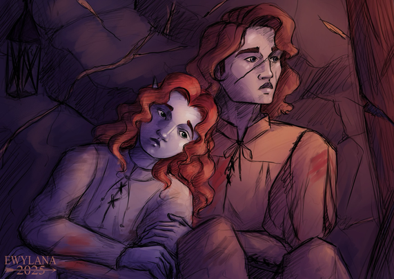 A drawing of two characters sitting in front of a dark mine wall with some ore veins, on lit by a dim orange light. The woman, an elf with pale bluish skin and bright red hairs rest her head on the men, an handsome human with really white skin and brown hair, shoulder. They both wear simple unicolor clothes with stain of bloods.