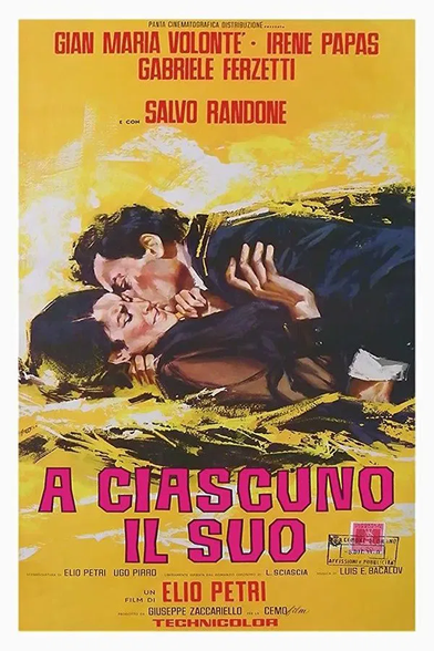 "A ciascuno il suo" di Elio Petri, 99 minuti, 1967.

- In una calda estate siciliana del 1964, in un piccolo borgo dell’entroterra, il farmacista del paese, tale Manno riceve una lettera anonima, dove viene minacciato di morte… - da themoviedb.org

L'immagine rappresenta la locandina di un celebre film italiano, "A ciascuno il suo". Sul poster sono indicati gli attori principali, tra cui Gian Maria Volonté, Irene Papas, Gabriele Ferzetti e Salvo Randone. Spicca un'illustrazione al centro che mostra due persone che si scambiano un bacio appassionato. Il titolo del film è scritto in lettere rosse, ben visibile al centro. Inoltre, sono menzionati il regista Elio Petri, il produttore Giuseppe Zaccariello e il compositore Luis E. Bacalov. Si evidenzia anche che il film è stato girato in Technicolor.

Descrizione generata con AI.