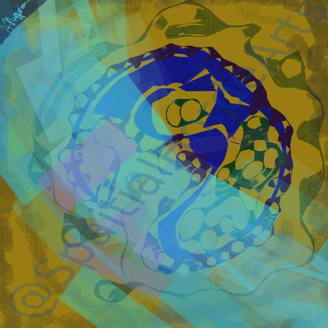 An abstract piece. Shades of blue and greeen in almost a circle  on a yellow background with a light blue streak across.