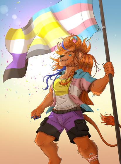 An anthropomorphic lion with a flowing, fiery-orange mane proudly hoists a large combined Pride flag in the air. The flag’s stripes incorporate multiple colors—such as yellow, white, purple, black, pink, and blue—and flutter dramatically in a cheerful, sunlit sky filled with floating confetti. Dressed in a pastel-striped shirt over a yellow/white tank, paired with purple/dark cargo shorts, the lion’s posture is confident and celebratory. Their mane includes streaks of bold blue color matching the vibrant Pride theme. The overall scene radiates energy and acceptance, underscoring the uplifting spirit of Pride.