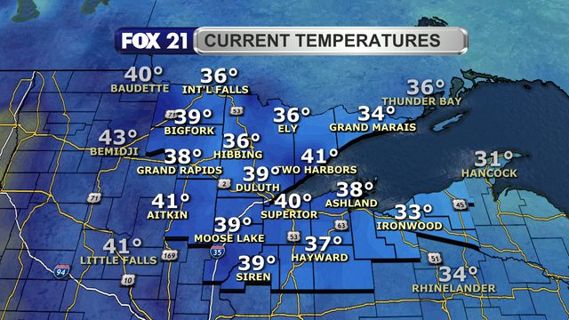 Temperatures in the Northland just after 1 p.m. on March 20, 2025, range from 33 to 41 degrees Fahrenheit.