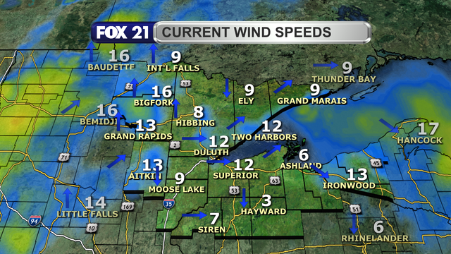 Wind speeds in the Northland just after 1 p.m. on March 20, 2025, range from 3 to 16 mph.  Wind direction is primarily from the south, southwest, and west.