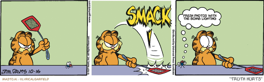 Original Garfield comic from October 16, 2007
Text replaced with lyrics from: Truth Hurts

Transcript:
• Fresh Photos With The Bomb Lighting


--------------
Original Text:
• *SMACK*
• Fly:  Tah-daaaaaahh!