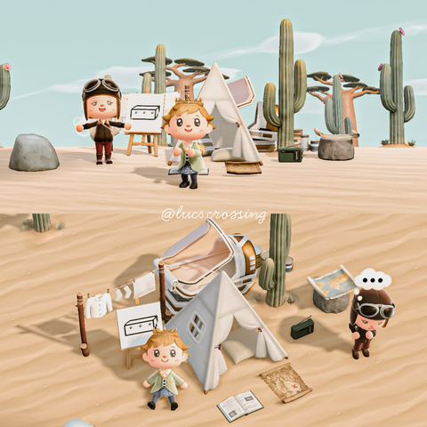 Game screenshots showing the pilot’s drawing of a sheep in a crate, and the pilot’s camp area in the desert.