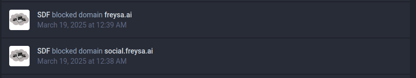 A small screenshot, showing the suspension of the domains 'freysa.ai' and 'social.freysa.ai'.