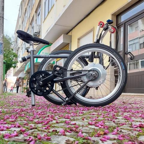 Bicicleta dobrável vello dobrada em cima da calçada com flores rosa espalhadas por toda a parte