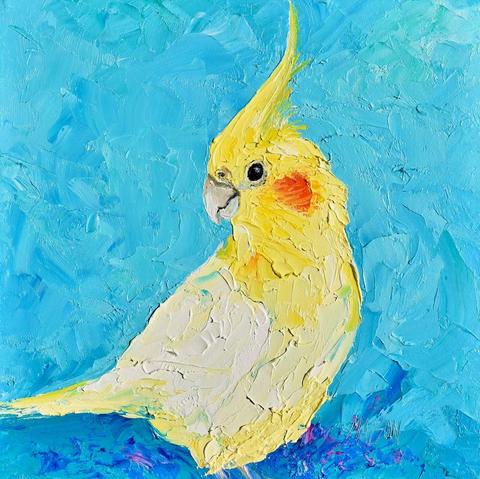 Oil painting portrait of a pet Cockatiel Parrot. It is yellow with a red spot on its cheeks and a yellow crest.  The painting has lots of texture and has a blue background.