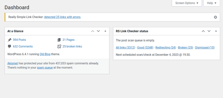 Really Simple Link Checker dashboard example