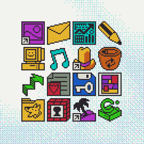 A set of 16 icons displayed in a 4x4 grid. Made in pixel art, each icon size is 22px. Old School style.