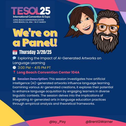 👨 👩‍🦱 🙋 👩 Panel Presentation
🕒 3:00 PM - 4:15 PM PT
📍 Long Beach Convention Center 104A
 🖋️ 𝗦𝗲𝘀𝘀𝗶𝗼𝗻 𝗧𝗶𝘁𝗹𝗲: Exploring the Impact of AI-Generated Artworks on Language Learning
📝 𝗦𝗲𝘀𝘀𝗶𝗼𝗻 𝗗𝗲𝘀𝗰𝗿𝗶𝗽𝘁𝗶𝗼𝗻:  This session investigates how artificial intelligence (AI)-generated artworks influence language learning. Examining various AI-generated creations, it explores their potential to enhance language acquisition by engaging learners in diverse linguistic contexts. The session delves into the implications of integrating AI-generated arts in language education practices through empirical analysis and theoretical frameworks.