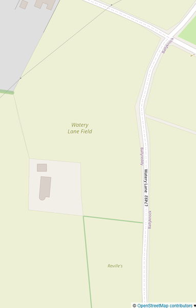 OSM screenshot with field names Watery Lane Field, Reville's Field and Watery Lane