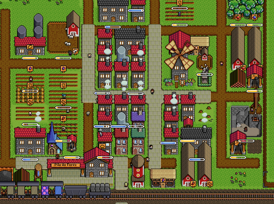 A screenshot of Iron Village. The number 4 is drawn in stone roads, on top of a dirt road grid. All of the houses by now have been upgraded to stone, and some have been further upgraded.