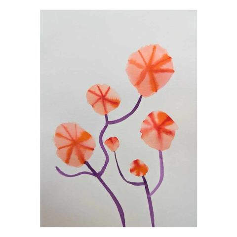 Fleurs imaginaires qui ressemblent au liseron, les fleurs sont oranges et les tiges violettes. C'est de l'encre.
