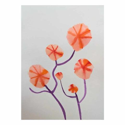 Fleurs imaginaires qui ressemblent au liseron, les fleurs sont oranges et les tiges violettes. C'est de l'encre.