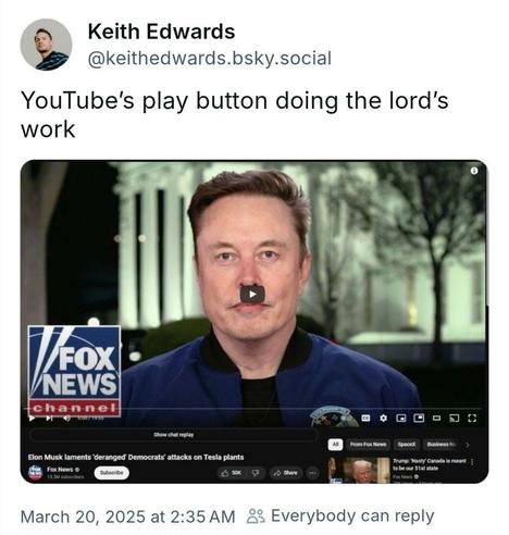 A microblog post with a screenshot of a video of Musk on YouTube. The play button appears to be a moustache that resembles Hitler's