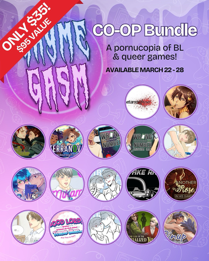 Text: Game Gasm, a pornucopia of games! Available March 22-28th. Bubbles of games on a purple background.