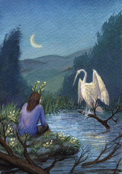 gouache painting of a person with plants growing from their head sitting at a pond with white bird at night with rising moon