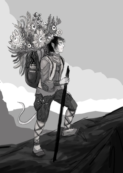 greyscale flat color drawing of a person hiking with backpack full of plants with eyes