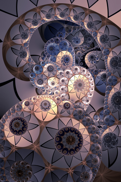 fractal flame render with circular and triangular shapes in soft pink and purple colors