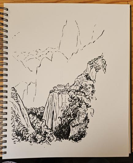 Indian ink drawing of a Chinese carst mountain landscape. A group of houses are bundled on top of one of the mountains.