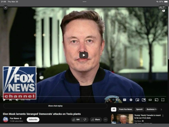 Adolph musk. The Fox News button to play the video just happens to be situated exactly under Elon’s nose. A true white supremacist, Nazi visual.
