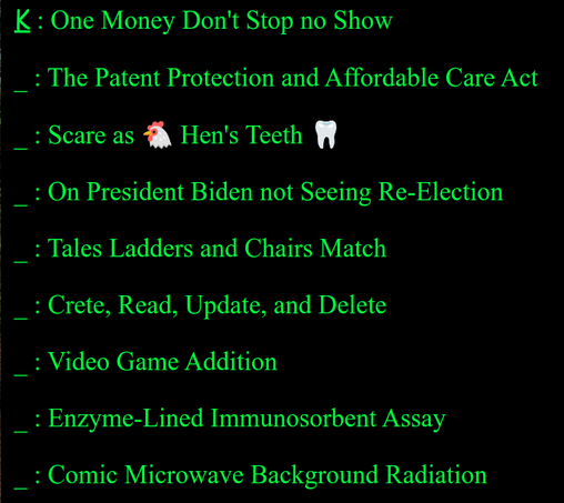 Screen shot of puzzle text. Each line has a blank to hold a letter and then a phrase. The first line's blank has been filled in with a K. The text follows:

K : One Money Don't Stop no Show

_ : The Patent Protection and Affordable Care Act

_ : Scare as 🐔 Hen's Teeth 🦷

_ : On President Biden not Seeing Re-Election

_ : Tales Ladders and Chairs Match

_ : Crete, Read, Update, and Delete

_ : Video Game Addition

_ : Enzyme-Lined Immunosorbent Assay

_ : Comic Microwave Background Radiation