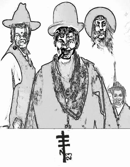 Four figures dressed as characters from a Western. They all have the face of pipe smoking Bob Dobbs.  Central figure, in the foreground, wears a bowler hat. To the left is a figure with a cowboy hat.  In the lower right corner is a small child.  Upper right corner is a long haired individual (male or female?) with a broad rimed hat pushed back.
Bottom titled white space  -  resistance International sigil