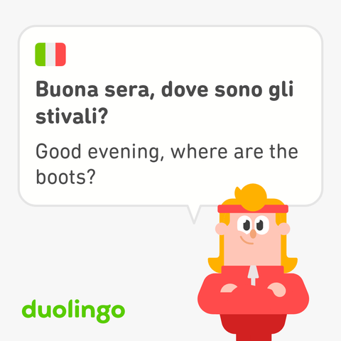 Animated Duolingo graphic of a cheerful white person in a red jogging suit and headband asking 'Good evening, where are the boots?' The Italian translation says Buona sera, dove sono gli stivali?