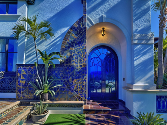A stunning Mediterranean-inspired entrance featuring an arched cobalt blue glass door, intricate blue and gold-patterned tiles, and lush tropical plants, bathed in warm sunlight.