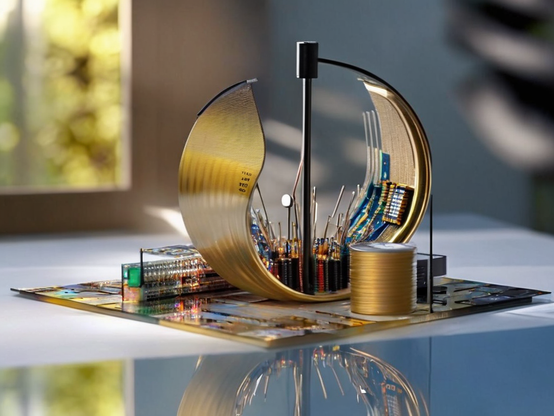 Close up of a futuristic unfinished technological device, featuring a half-formed golden circuit with intricate details and electronic components, in a modern setting, against a blurred background.