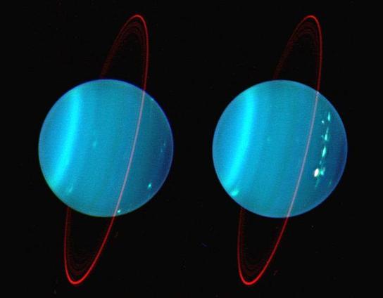 Views of 2 faces of Uranus with its rings showing its > 80 deg tilt. Storm systems are visible on the right side of each face. Each face is methane blue with slight striping parallel to the rings
