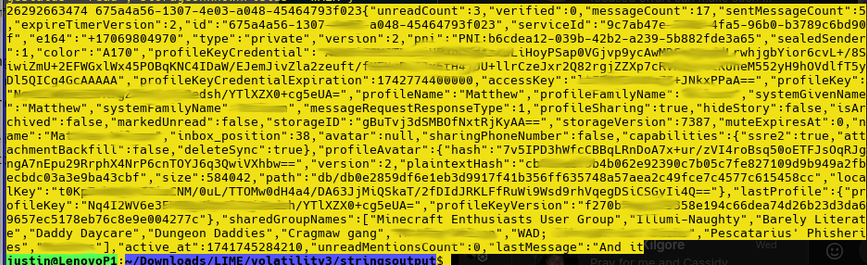Screenshot of a Debian Linux Memory Dump of the Signal Messenger Process. Included are fields like Sending users first, last name, shared group names, and last message in plaintext.