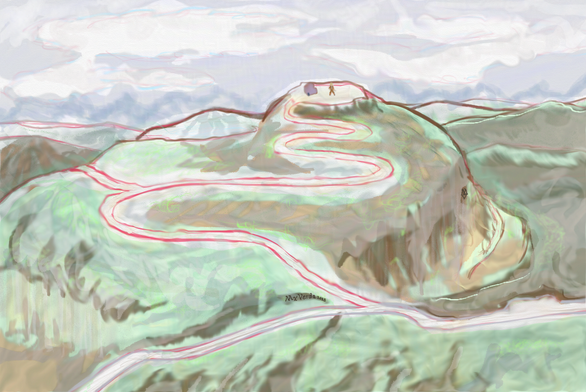 A dreamy undulation of hills beset by scarring roads. Pearlescent tapestries of sky shade the land. A lone figure and blocky shape crown the main hill on a barren summit clearing.